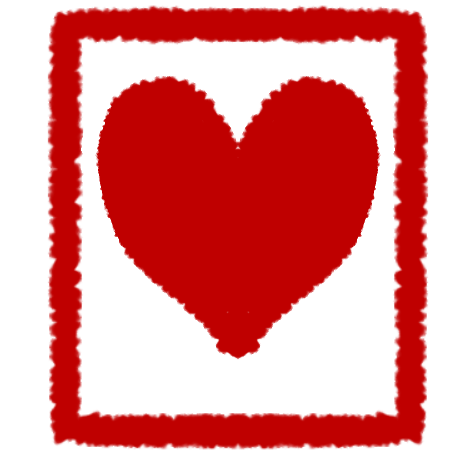 a dark red heart on a white card with a dark red border